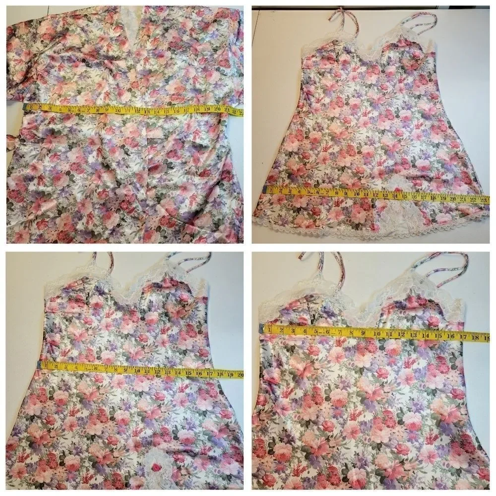 Floral Satin Lace Slip Dress Chemise Negligee and Matching Robe Set Pink